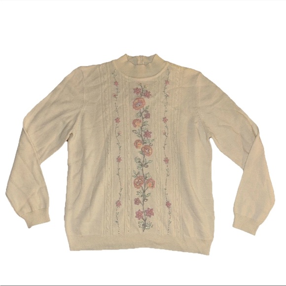 Alfred Dunner Sweaters - Vintage Alfred Dunner Sweater M Petite Cream Purple Floral Embroidered Grandma